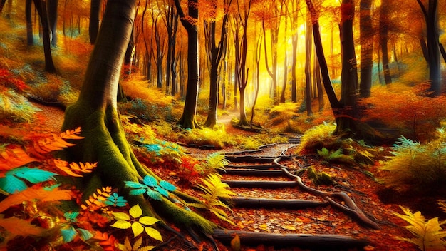 Colorful autumn foliage in tranquil forest