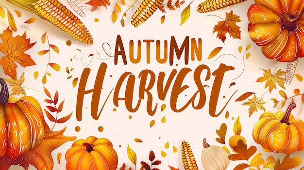 A colorful autumn harvest illustration featuring pumpkins corn and fall leaves