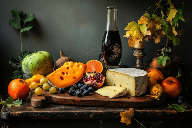 Photo a colorful autumn harvest spread featuring assorted cheeses and seasonal fruits on a rustic table