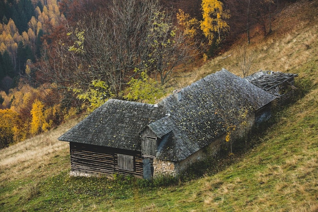 Colorful autumn landscape in the mountain village. Foggy morning in the Carpathian Mountains in Roma