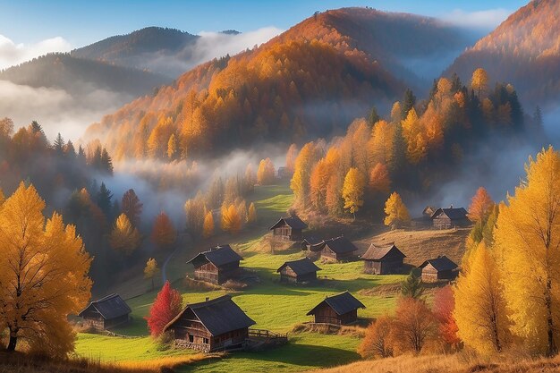 Colorful autumn landscape in the mountain village Foggy morning