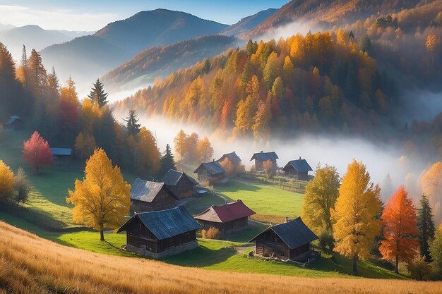 Colorful autumn landscape in the mountain village Foggy morning