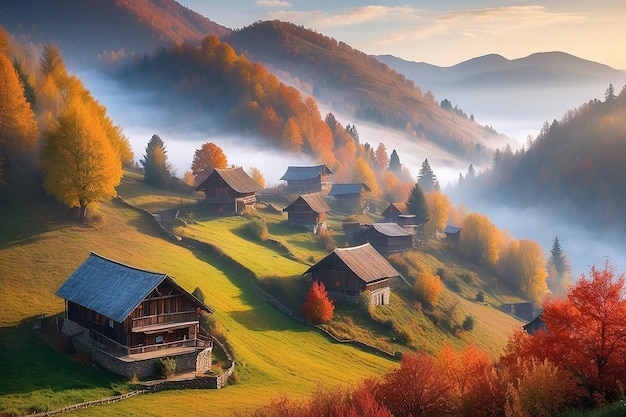 Colorful autumn landscape in the mountain village Foggy morning