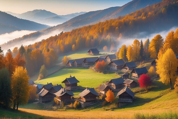 Colorful autumn landscape in the mountain village Foggy morning