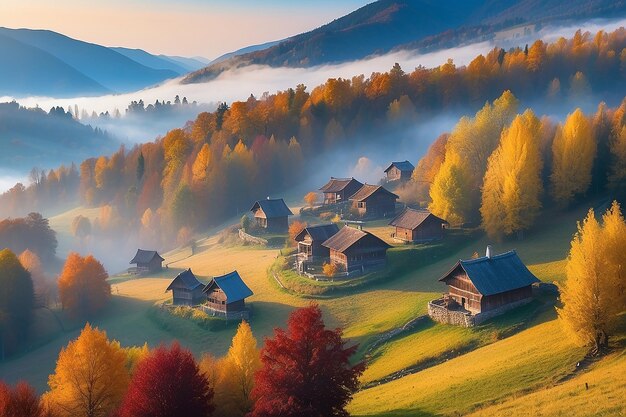 Colorful autumn landscape in the mountain village Foggy morning