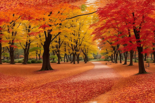 A colorful autumn landscape with leaves falling from the trees and a vibrant carpet generated ai