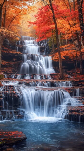 Photo colorful autumn landscape with waterfalls