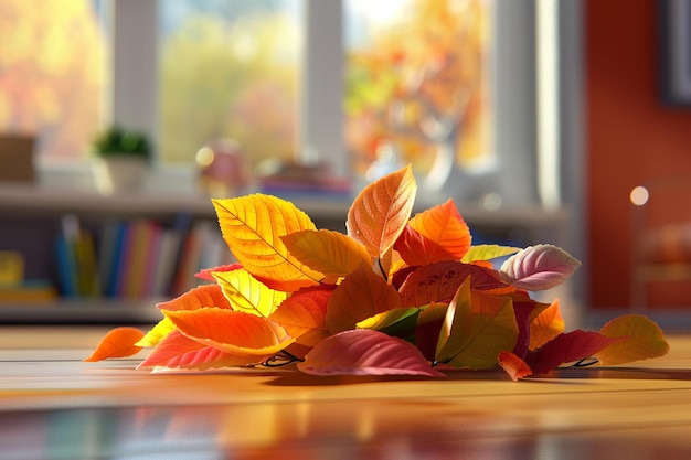 a colorful autumn leaf is laying on a table Ai photo