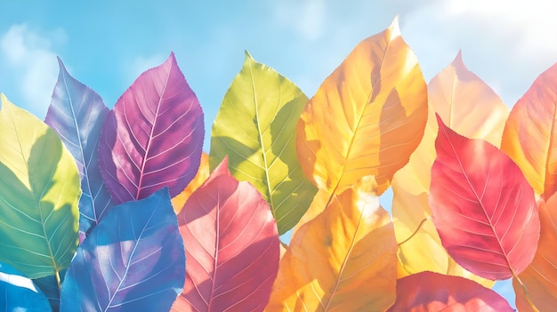 Colorful Autumn Leaves Against Blue Sky Background