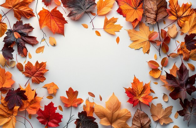 Colorful Autumn Leaves Arranged Around White Background