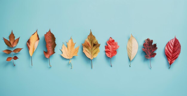 Photo colorful autumn leaves arranged in a row on light blue background