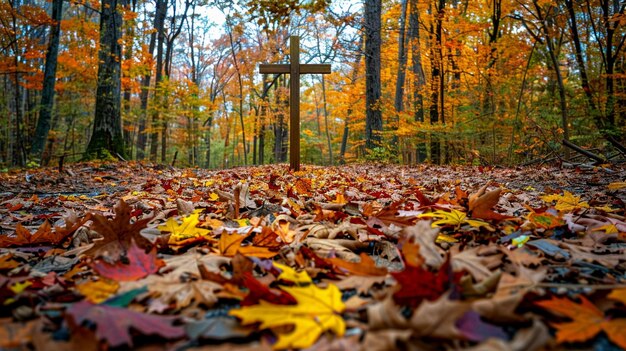 Photo colorful autumn leaves cross in a forest setting