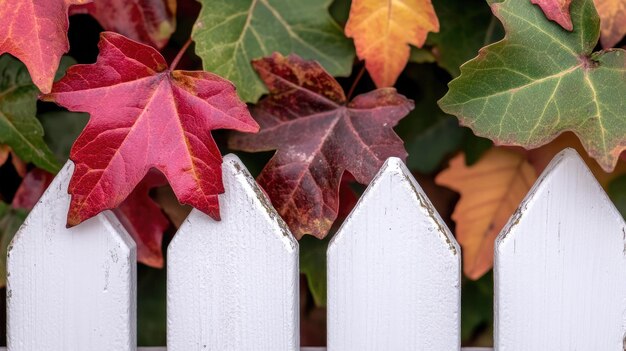 Photo colorful autumn leaves nestled against a white wooden fence