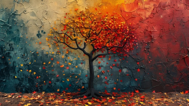 Colorful autumn leaves surrounding a stark bare tree depicting change