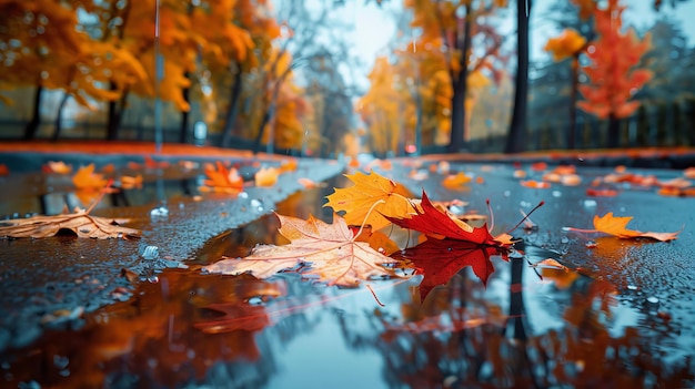 Photo colorful autumn leaves on wet sidewalk after rain creating a beautiful seasonal background