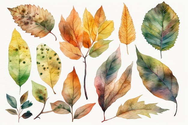 Colorful autumn leaves on a white background Generative AI