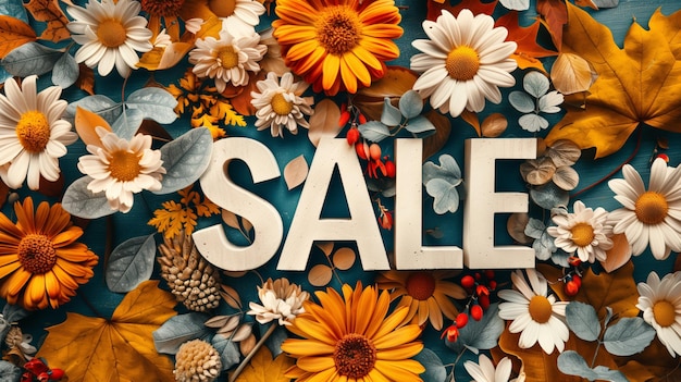 Photo colorful autumn sale promotion with bold white letters surrounded by flowers and autumn leaves