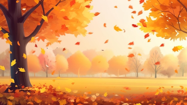 A colorful autumn scene with trees and leaves falling from the sky.