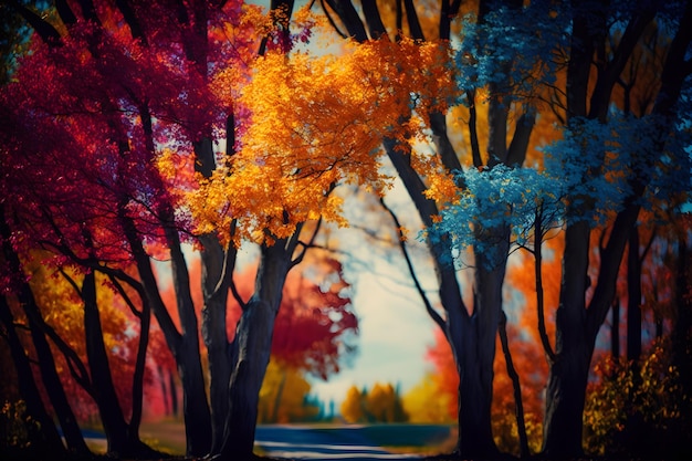 A colorful autumn scene with trees and a road