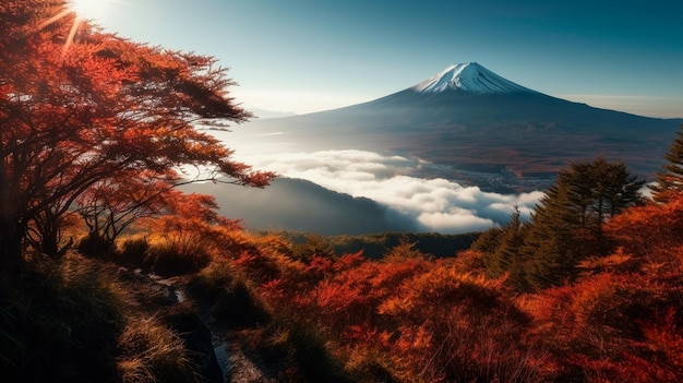 Colorful Autumn Season and Mount Fuji with morning fog and red leaves Generative AI