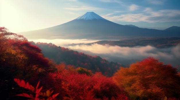 Colorful Autumn Season and Mount Fuji with morning fog and red leaves Generative AI