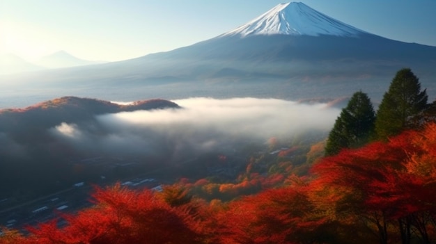 Colorful Autumn Season and Mount Fuji with morning fog and red leaves Generative AI