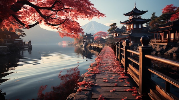 Colorful Autumn Season and Mountain Fuji with morning fog and red leaves at lake Kawaguchiko is one