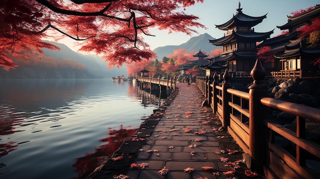 Colorful Autumn Season and Mountain Fuji with morning fog and red leaves at lake Kawaguchiko is one