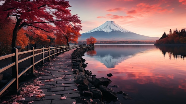 Colorful Autumn Season and Mountain Fuji with morning fog and red leaves at lake Kawaguchiko is one