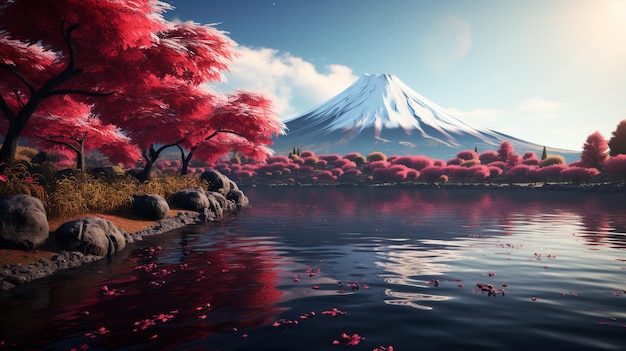 Colorful Autumn Season and Mountain Fuji with morning fog and red leaves at lake Kawaguchiko is one