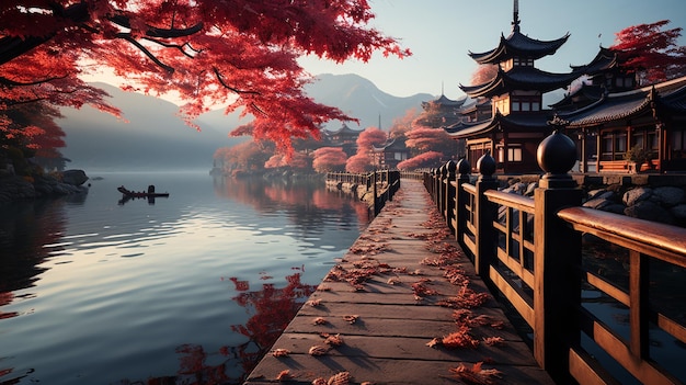 Colorful Autumn Season and Mountain Fuji with morning fog and red leaves at lake Kawaguchiko is one