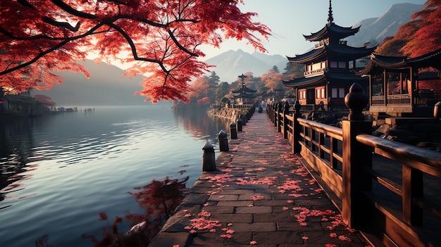 Colorful Autumn Season and Mountain Fuji with morning fog and red leaves at lake Kawaguchiko is one