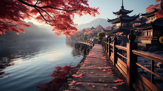 Colorful Autumn Season and Mountain Fuji with morning fog and red leaves at lake Kawaguchiko is one