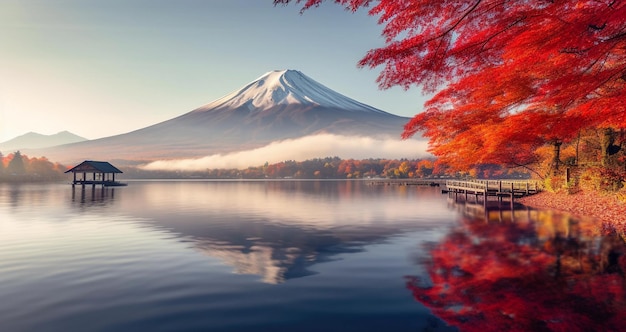 Colorful Autumn Season and Mountain Fuji with morning fog and red leaves at lake Kawaguchiko japan