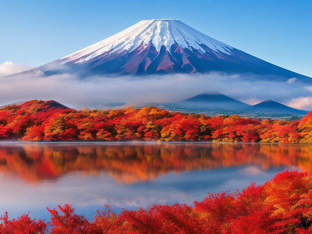 Colorful Autumn Season and Mountain Fuji with morning fog and red leaves at lake Kawaguchiko