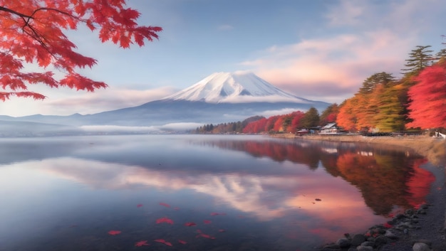 Colorful Autumn Season and Mountain Fuji with morning fog and red leaves at lake Kawaguchiko