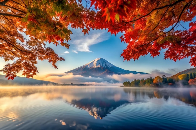 Colorful Autumn Season and Mountain Fuji with morning fog and red leaves at lake