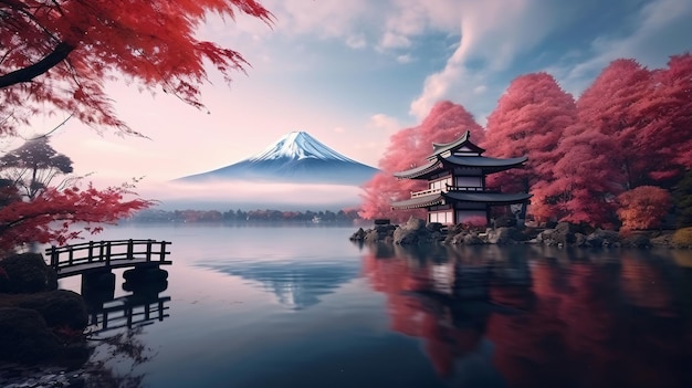 Colorful autumn season and mountain fuji with morning