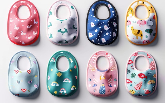 Photo colorful baby bibs with cartoon animal designs for mealtime