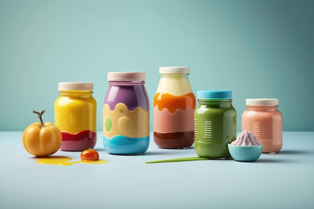 Colorful baby food purees in glass jars AI generation