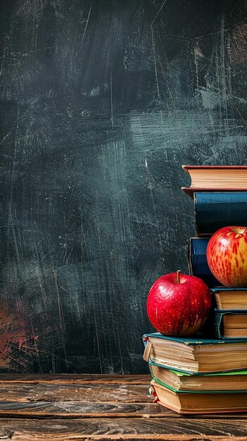 Colorful back to school background with books and supplies on a chalkboard backdrop