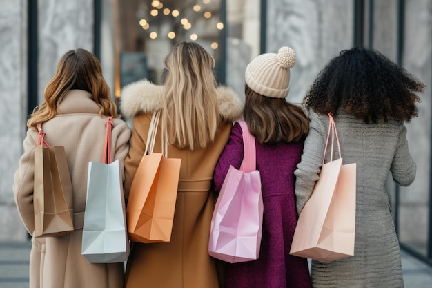 Colorful Back view four female shopping bags Generate Ai