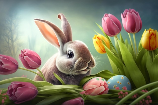 Colorful background of bunny and easter eggs