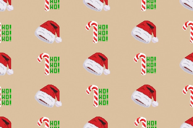 Colorful background of Christmas pattern made with Pixel Art. Funny Christmas wallpaper.