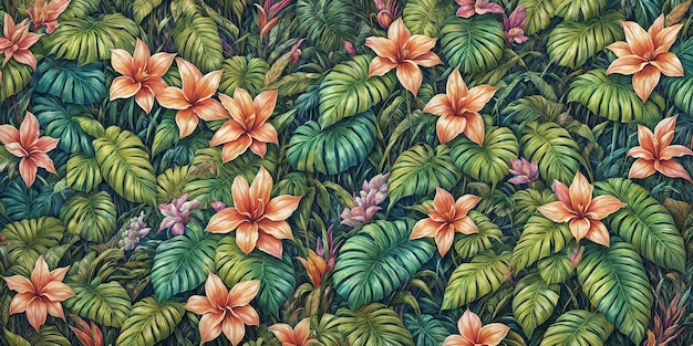 Colorful background of many painted exotic tropical flowers of different types and green palm leaves Tropical jungle pristine nature illustration Generative AI