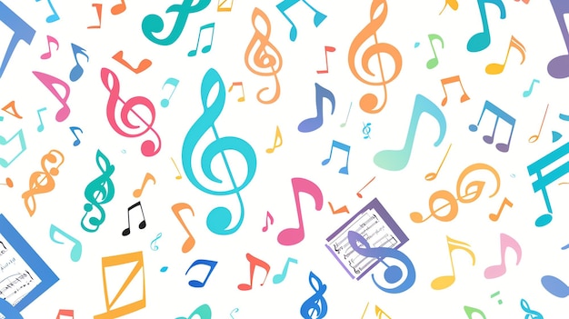 A colorful background of music notes with a sheet of music