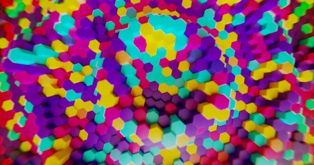 Colorful background of Random in motion waving hexagon geometric surface loop with vibrant colors light bright clean minimal hexagonal grid out of focus theme canvas copy space out of focus