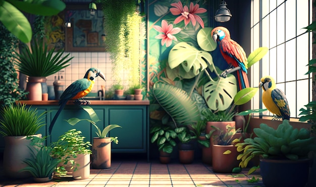 Colorful background with an abundance of tropical plants and playful birds