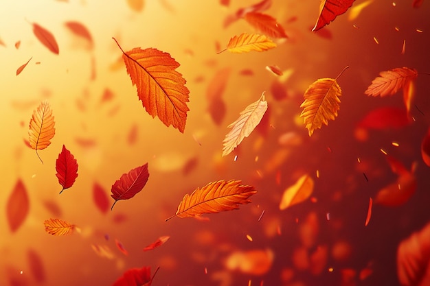 a colorful background with autumn leaves and a red sky background