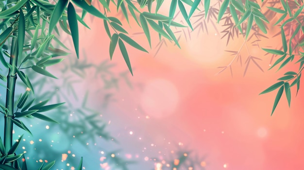 a colorful background with bamboo leaves and a colorful sky